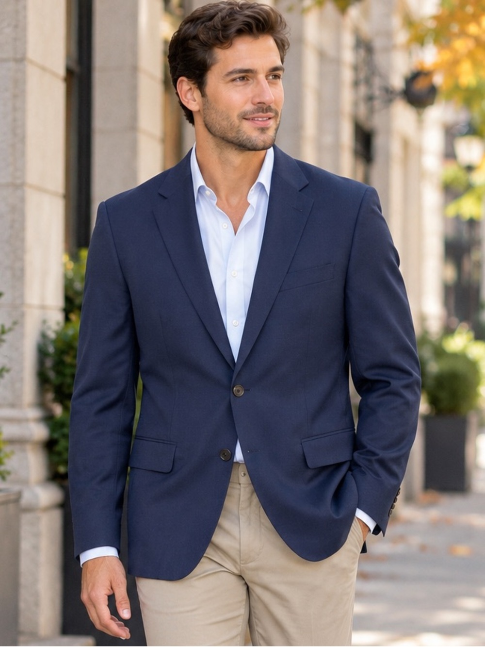 Michael Kors Navy Blazer with Tan Chino Pants